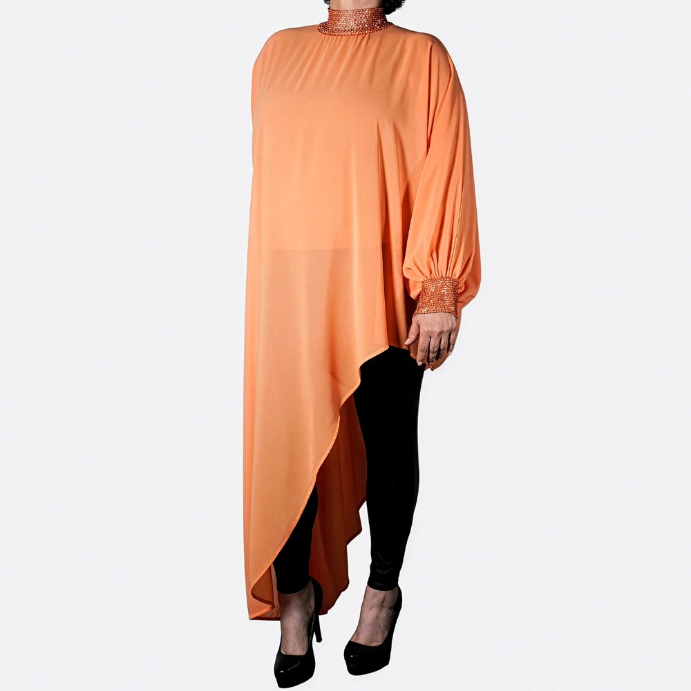 High Low Tunic Rhinestone Mesh Mock Neck Orange Plus Size 1X‎ 2X 3X Avant Garde